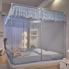 蚊帳家用臥室蒙古包免安裝防掉加密兒童嬰兒防摔圍欄回底, 美辰灰色T型開門全底坐牀款,1.2x2.0米牀易安裝自鏈接支架