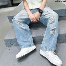 破洞牛仔褲 男童冰絲牛仔褲夏季破洞褲子兒童夏款寬鬆闊腿褲中大童夏裝防蚊褲