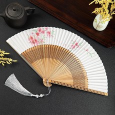中式鏤空窄邊折疊扇 古風漢服搭配舞蹈表演, 1套, 灼灼桃花   扇套+灰色流蘇