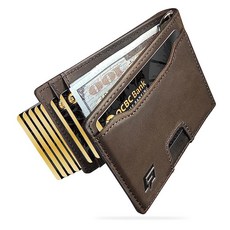 ECOZATU 슬림 미니멀리스트 남성용 지갑 - 머니 클립 | 바이폴드 RFID 차단 천연 가죽 12개의 카드 홀더 전면 포켓 지갑 다크 브라운.