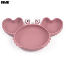 DFMEI 螃蟹卡通雙色硅膠餐盤 強力吸盤碗 嬰幼兒餐盤套裝 兒童硅膠餐盤, 1個, Y19, 螃蟹餐盤+圍兜+硅膠勺叉