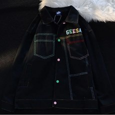 【潮胖穿搭】大碼男外套，INS情侶款彩色字母翻領牛仔外套，寬鬆薄款加大碼開衫