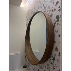 원목 원형 거울 LED 조명 욕실용 벽걸이 빈티지 화장대 스마트 인테리어경, 호두나무 50x50 센티미터