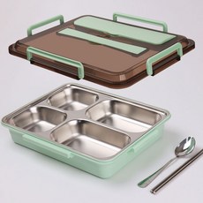 [SUS-304 스텐 식판 도시락통 세트] 밀폐 도시락 런치박스 스테인레스 5칸 다이어트 아이 소풍 용기, 1세트, 4칸도시락+수저세트, 민트 그린