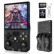 [포르르] R36MAX 휴대용 게임 콘솔 64GB TF 카드가 장착된 4.0인치 IPS 스크린 리눅스 시스템 레트로 게이밍 4000mAh 배터리(블랙), Black
