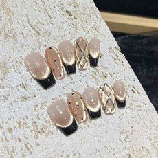純手工光療穿戴甲 黑金香奶奶美甲貼片 黑色法式 波點 菱形格紋, 1個, 短梯黑金香奶奶,M, 黑金香奶奶, 短梯