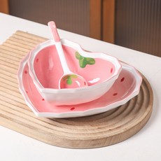 귀월미 세라믹 딸기 볼 세트 하트볼 디저트 접시 스푼 포함 홈카페 식기 3종, 1세트, 1+1+1, 딸기 볼 접시