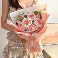 毛線手工針織玫瑰花束 送女友閨蜜生日禮物, 默認, 1, 迷你【泡芙藍】送手提袋