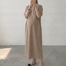 [당일출고] 수엠W 임산부 배색 카라 롱 원피스 만삭 임부복 빅사이즈 등원룩 수유복 겸용 T04 무카반팔원피스