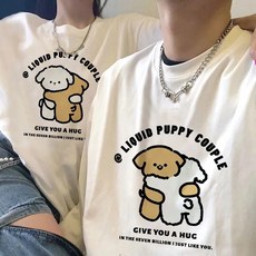 1+1 남녀공용 귀여운 캐릭터 강아지 프린트 티셔츠 오버핏 반팔티 커플티 YMP65464