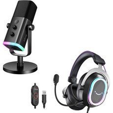 피파인 스트리밍 마이크 및 USB 게이밍 헤드셋 번들 음소거 기능이 있는 PC 다이내믹 PS5용 서라운드 사운드 RGB 헤드폰 팟캐스트 YouTube(AM8+H13)BP), 다이나믹마이크 파이핀 스트리밍 마이크 및 USB 게이밍
