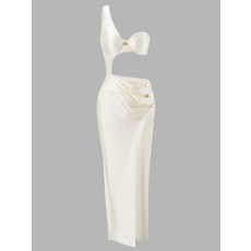 歐美感單肩鏤空開叉長裙白色沙灘度假連體泳衣女