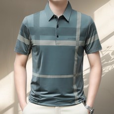 코엑티 여름 남성 아이스 단추 체크 무늬 카라 반팔 티셔츠