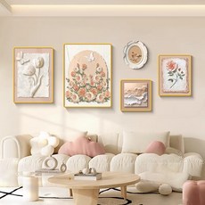 裝飾畫 輕法式奶油風客廳組合裝飾畫高級感花卉沙發背景墻壁畫藝術掛畫, A 花韻雅境 PVC畫框+精雕工藝,小組合 布紋膜【黑框】