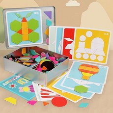 兒童磁鐵拼圖 腦力開拓教具 幾何形狀磁吸拼圖, 1個, 【加厚木質磁鐵】,鐵盒[189磁片+64個圖案+圖冊]