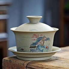 三才蓋碗 泡茶碗 粗陶 改碗 功夫茶具配件 家用辦公 紫砂蓋碗 泡茶器 單蓋碗, 1個, 小桥流水三财盖碗
