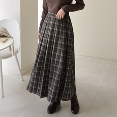 데일리앤 에일 체크 플리츠 울 모직 롱 스커트 밴딩 플레어 주름 치마 봄 가을 겨울