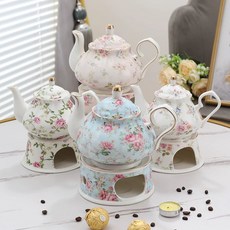 세라믹 차끓이는주전자 유럽 카페 꽃 주전자 포트 티팟 커피 찻그릇 파티 베이스 가열 물, I. 화이트 대형 히팅베이스 4개 양초