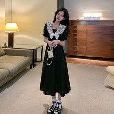 2025法式複古小黑裙蕾絲拼接娃娃領連衣裙女夏遮肚子大碼胖mm裙子, 1個, 短款小黑裙 （優質款）,L （建議50.0-57.5kg）