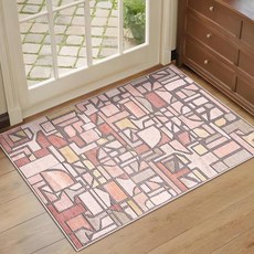 DEXDE 입구 부분 러그 5.1x7.6cm(2x3인치) 빈티지 미끄럼 방지 세탁 가능한 낮은 파일 스로우 파일 체크 무늬 러그 모던 추상 도어 매트 실내 소프트 소형 카펫, 핑크