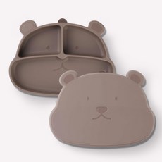 마미스테이블 유아용 먹자곰 흡착 푸드그레이드 실리콘 식판, 베어브라운, 1개, 식판 + 뚜껑