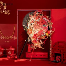 中式新娘團扇DIY喜扇 結婚禮物閨蜜款 重工手工抗氧化 臺灣出貨, 花晨-紅色,材料包+普通包裝, 1個