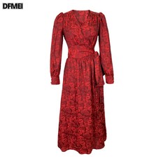 DFMEI 가을 빈티지 프린트 브이넥 조거 스트링 레드 롱스커트 랩 슬림원피스 5189
