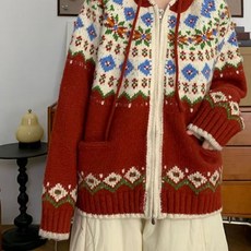復古費爾島提花針織長袖拉鍊開衫 喜氣圖案 內搭外穿兩用, 1個, 紅色 連帽上衣,110
