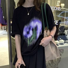 Hooozen 루즈핏 캐주얼 라운드넥 프린팅 여성 반소매 티셔츠