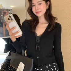 Yellwell여성 브이넥 골지 니트 가디건 슬림핏 긴팔 크롭 데일리 상의mxl