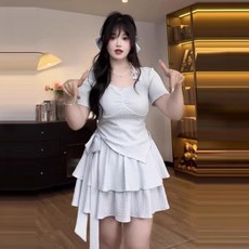 大碼純欲風甜辣妹時尚套裝女夏季胖mm辣妹上衣 蛋糕裙顯瘦兩件套, 上衣,M 80-100