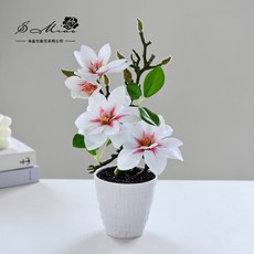 嘉義直發 假花盆栽 3D打印膠片仿真手感玉蘭花 小盆景室內裝飾, 白色 4頭新款玉蘭花盆栽, 1個