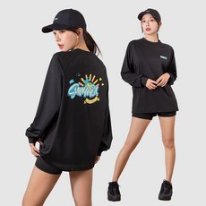 여자 루즈핏 래쉬가드 상의 + 일체형 레깅스 반바지 하의 자외선차단 수영복 비치웨어 세트