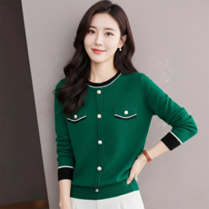 데일로엔 여성 라운드넥 진주포인트 배색 긴팔 니트티