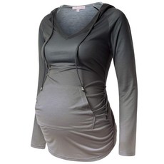 임산부 후디 긴소매 셔츠 캐주얼 브이넥 탑 스웨트셔츠 튜닉 차콜 그레이. 186183, Small, 그라데이션 그레이