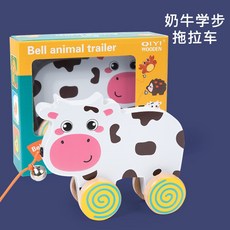 小熊敲鼓車 動物拖拉學步車 鈴鐺 拉線車 小拖車 學步車 拖拉車 嬰幼童玩具, 1個, 鈴鐺 乳牛／彩盒微凹、商品完整）已折扣