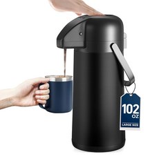 커피서버 드립서버 핸드드립 보온용 커피 카라페 - 102OZ / 3L 에어팟 디스펜서 펌프 포함 음료용 대형 보온병 차 액체 파티용 단열 스테인리스 스틸 온수 음료 항아리, Black, 102 Ounces