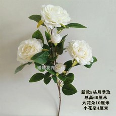 仿真單頭大束富貴牡丹絹花假花舞蹈道具花朵商場酒店客廳鎮宅裝飾, 高檔5頭月季玫 白色, 1個