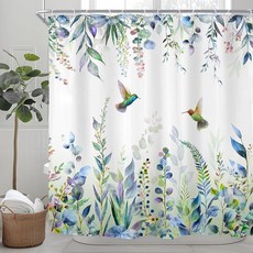 Riyidecor 세이지 그린 유칼립투스 샤워 커튼 욕실 장식용 너비 121.9cm x 높이 182.9cm(48 72인치) 스톨 좁은 벌새 식물 에메랄드 봄 잎 아트 프린트 패, B-블루 퍼플_165498