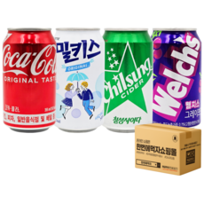 [한번에먹자] 340ml~355ml 캔음료수 4종 탄산음료 혼합세트 ( 코카콜라 + 사랑해요 밀키스 + 칠성사이다 + 웰치스 포도 ) 가정용 업소용 사무실음료 배달용 뚱뚱캔음료, 1세트, 340ml