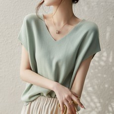 HA.M 아이스 반팔티 봄여름 여성 브이넥 날씬해 보이는 데일이 니트