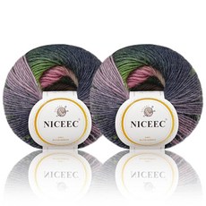 NICEEC 2타래 레인보우 소프트 실 100% 울 그라데이션 멀티 컬러 크로셰 니트 총 길이 180mx2(196야드x2 50gx2)-25, 7#