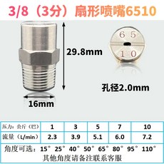 304不銹鋼扇形噴嘴 高壓清洗霧化噴嘴 工業扇麵噴淋頭 DG125A, 3分-6510(2.0mm孔)3個
