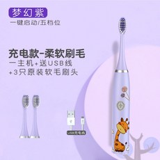 兒童電動牙刷 USB充電 7級防水, 1個, 1, 紫色長頸鹿三刷+充電線