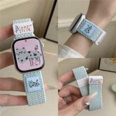 여성용 애플워치 마그네틱 메쉬 나일론 스트랩 | 강아지 자수 디자인 | 도파민 컬러 | 40mm 44mm 45mm 호환, 38/40/41/42mm(Series 10), 민트고양이