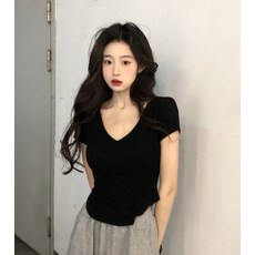 해피유통여성 브이넥 반팔 티셔츠 슬림핏 크롭 여름 데일리 상의D