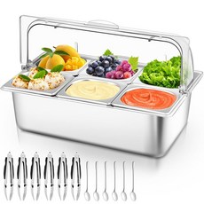 투명 롤탑 커버가 있는 카운터탑 음식 서빙 디스플레이 용기 스테인리스 스틸 샐러드 트레이 디스펜서 아이스 뷔페 레스토랑 주방 파티(6팬), 21 x 14 6 x 11 4