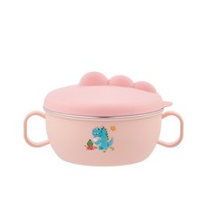 DIU 新款小恐龍寶寶吃飯輔食碗316不鏽鋼兒童碗保溫碗帶勺子卡通麪碗, 1個, 藕色:如圖