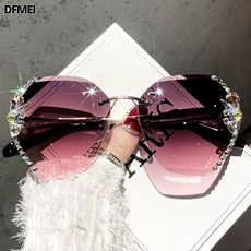 QRU 鑲鑽墨鏡女款太陽鏡新款大臉顯瘦防紫外線水晶切邊無框太陽鏡
