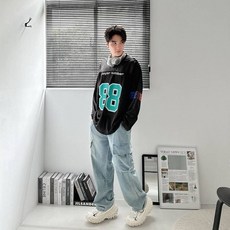 JES 韓國美式球衣 網眼拼接撞色88號長T，親膚透氣潮流情侶款長袖T恤